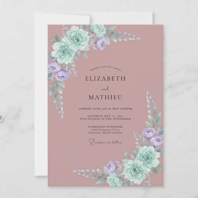 Convite Casamento com Peônia Rosa Velho Desbotado (Frente)