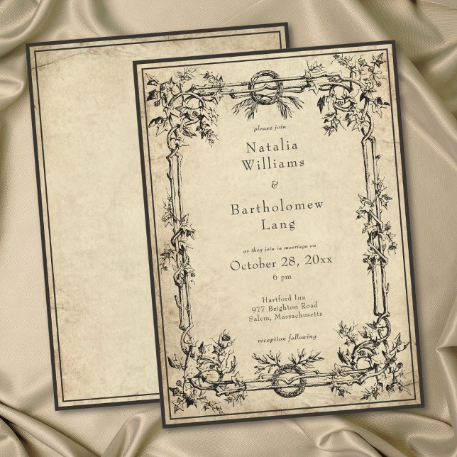 Convite Casamento com Pergaminho de Hera Medieval Gótico V (Vintage Gothic Medieval Ivy Parchment Wedding Invitation)