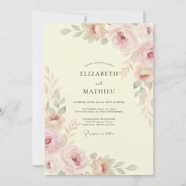 Convite Casamento com Pétala de Apricot Champagne Suave (Frente)
