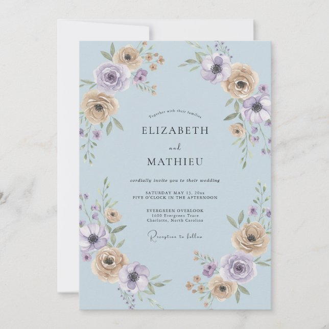 Convite Casamento com Pétala de Lilás Champanhe Suave (Frente)