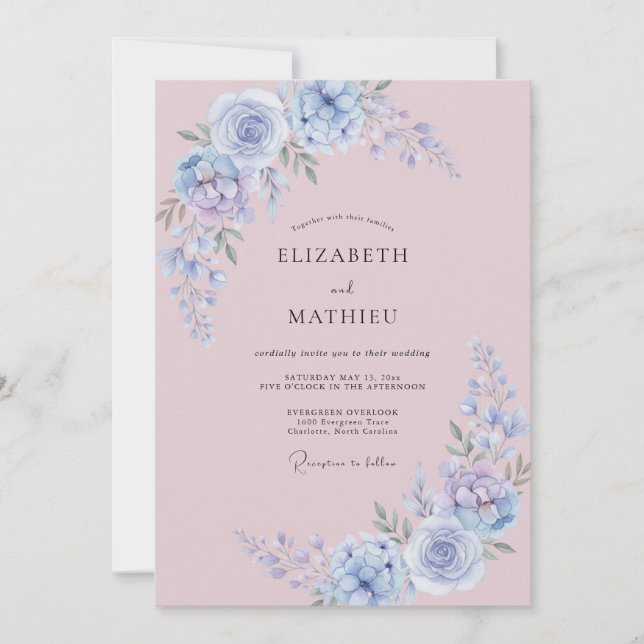 Convite Casamento com Pétala de Mauve Empoeirado e Periwin (Frente)