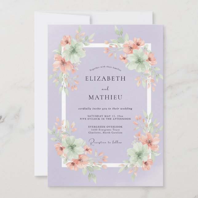 Convite Casamento com Pétala de Periwinkle de Pêssego Quen (Frente)