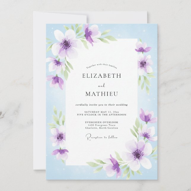 Convite Casamento com Pétala de Periwinkle Lavanda Suave (Frente)