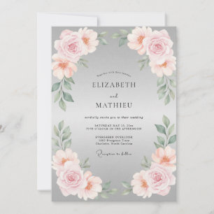 Convite Casamento com Pétala de Prata e Folhas Rosadas