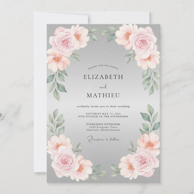 Convite Casamento com Pétala de Prata e Folhas Rosadas (Frente)