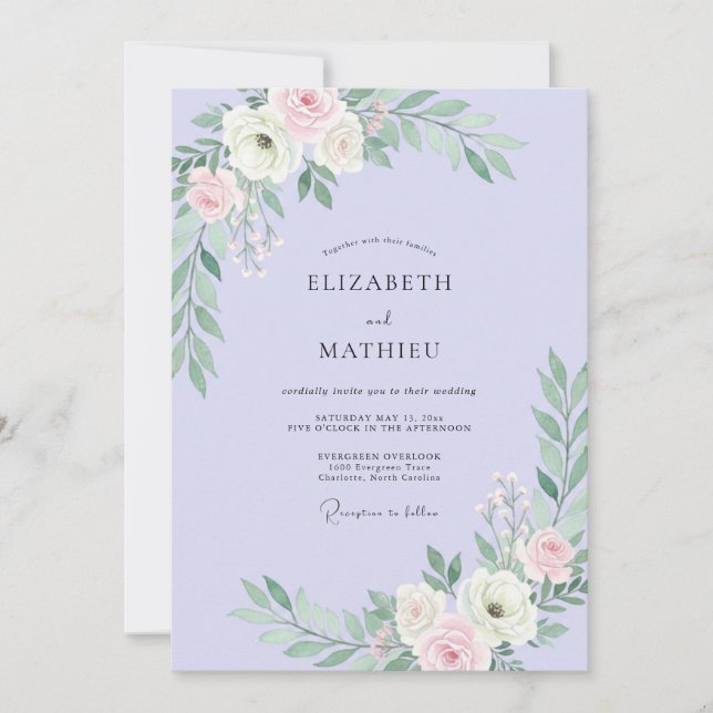 Convite Casamento com Pétala de Rosa Periwinkle Folhagem (Frente)