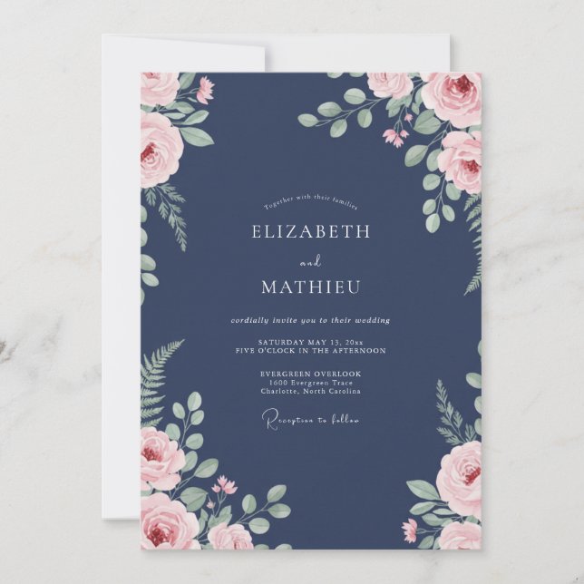 Convite Casamento com Pétala Folhosa Azul-Marinho (Frente)