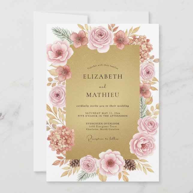 Convite Casamento com Pétala Rosa Poeira Dourada (Frente)