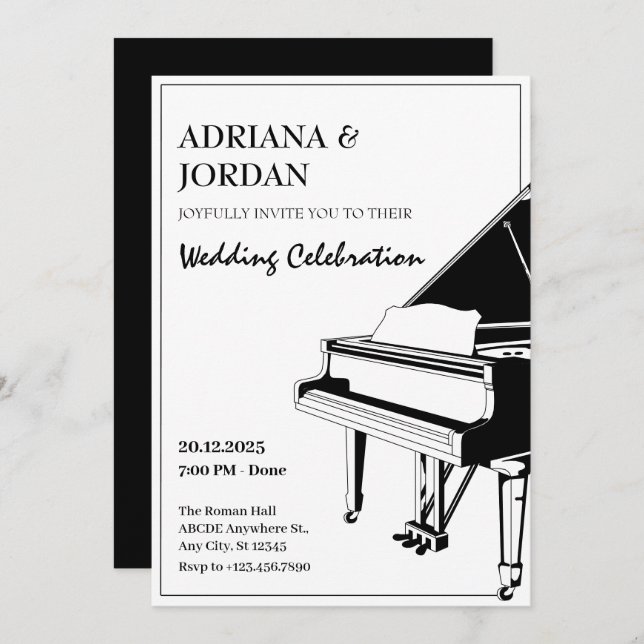 Convite Casamento com Piano Elegante (Frente/Verso)