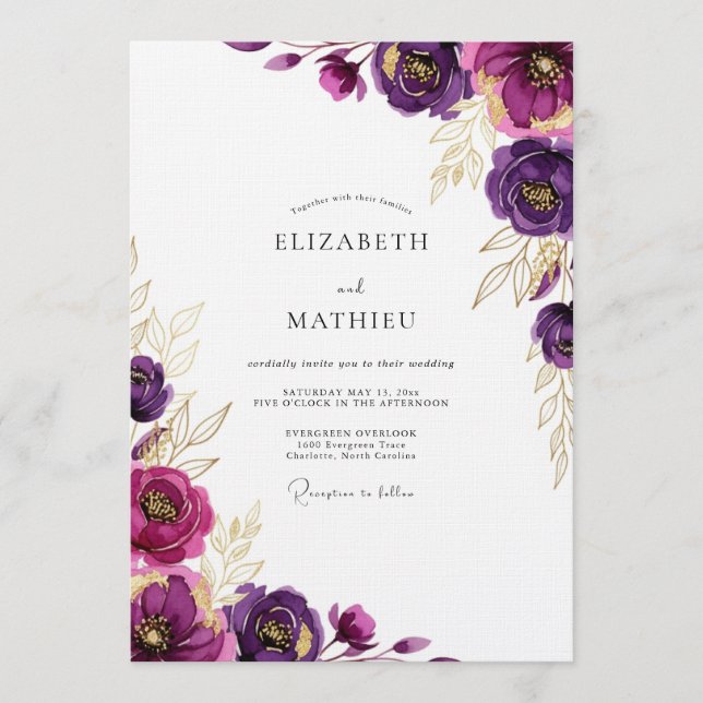 Convite Casamento com Pincelada Botânica Magenta (Frente)