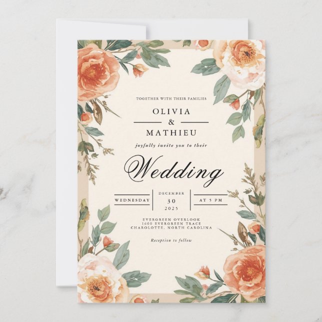 Convite Casamento com Pincelada Floral Âmbar (Frente)