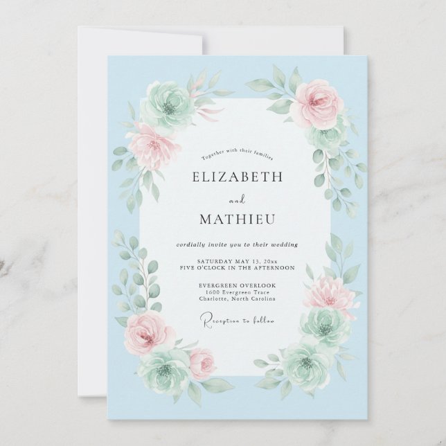 Convite Casamento com Pincelada Floral Azul Céu (Frente)