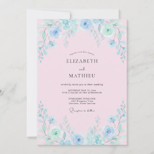 Convite Casamento com Pincelada Floral Azul Claro