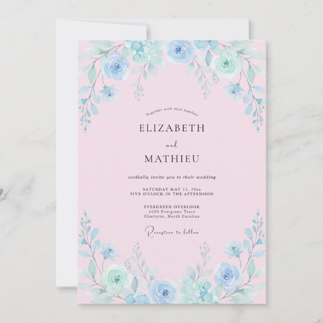 Convite Casamento com Pincelada Floral Azul Claro (Frente)
