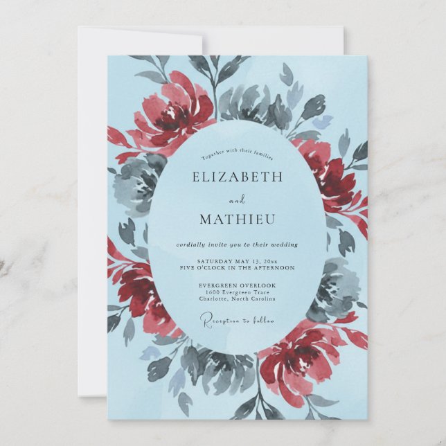 Convite Casamento com Pincelada Floral Azul Desbotado (Frente)