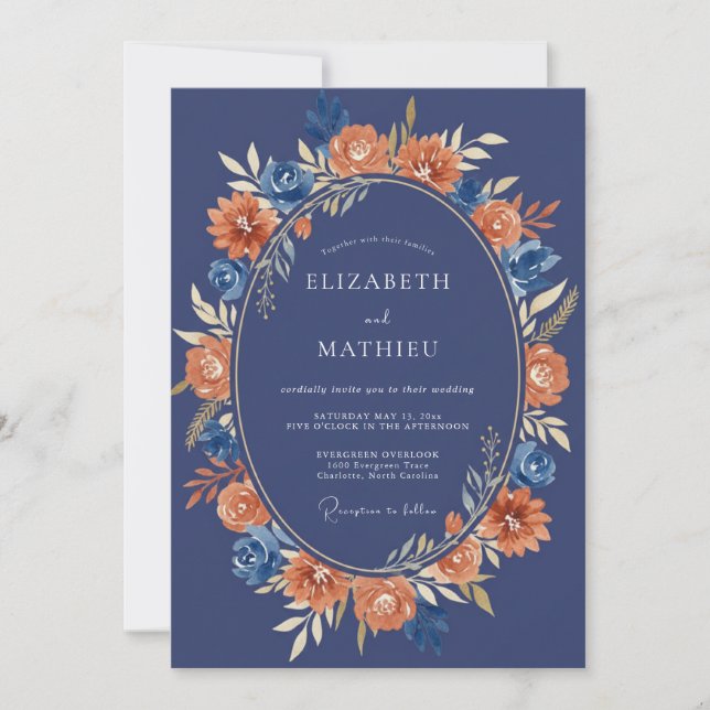 Convite Casamento com Pincelada Floral Azul Marinho (Frente)