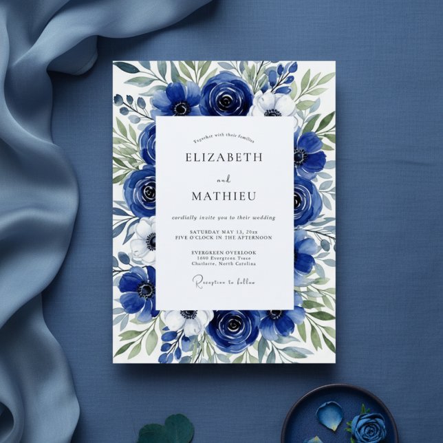Convite Casamento com Pincelada Floral Azul Real (Criador carregado)