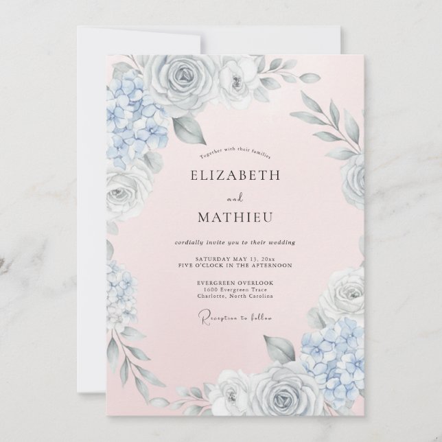 Convite Casamento com Pincelada Floral Cinza Azul (Frente)
