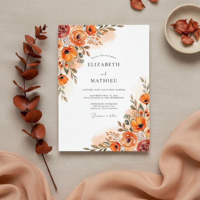 Convite Casamento com Pincelada Floral Laranja (Criador carregado)