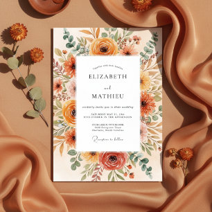 Convite Casamento com Pincelada Floral Laranja Queimada