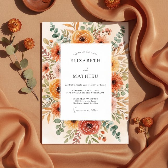 Convite Casamento com Pincelada Floral Laranja Queimada (Criador carregado)