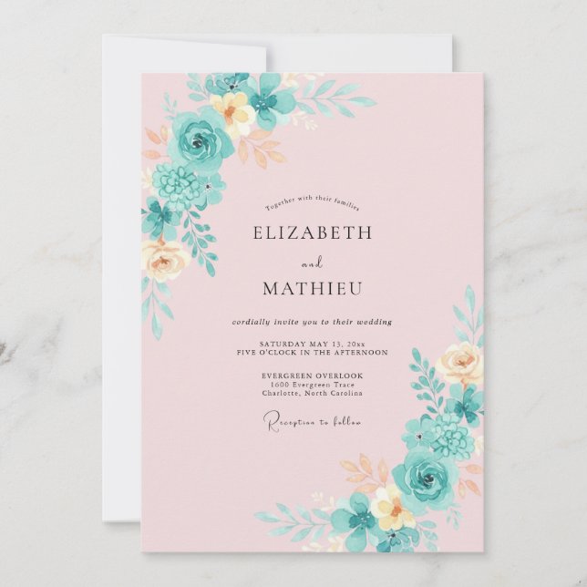 Convite Casamento com Pincelada Floral Turquesa (Frente)