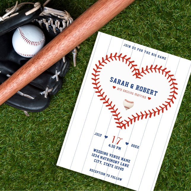 Convite Casamento com Pinstripe no Baseball Softball Sport (Baseball Softball Sport Heart Pinstripe Wedding Invitation)