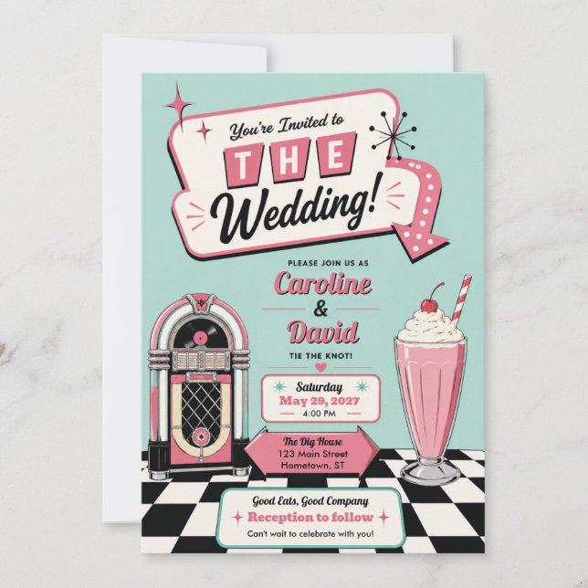 Convite Casamento com piso xadrez de lanchonete retrô vint (Frente)