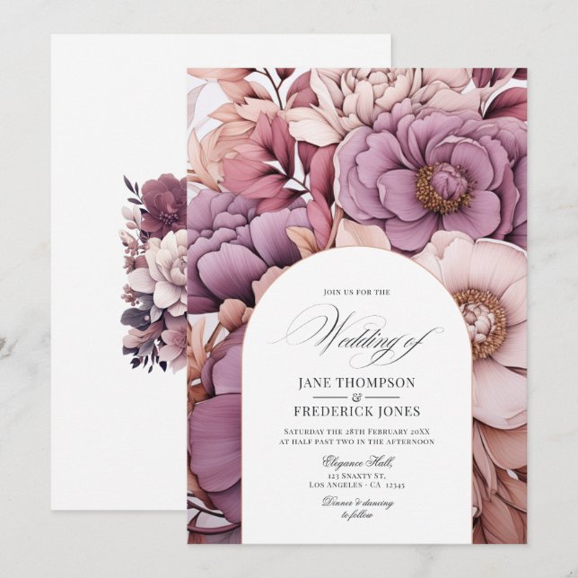 Convite Casamento com Plum, Cinza, Cobre e Rosa Empoeirado (Frente/Verso)