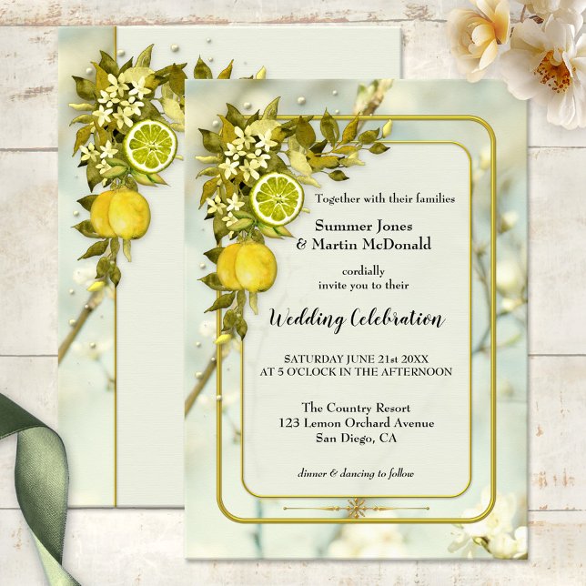 Convite Casamento com Pomar de Limão de Aquarela (Watercolor wedding invitation featuring lemon and citrus fruits on green leaves with flowers)