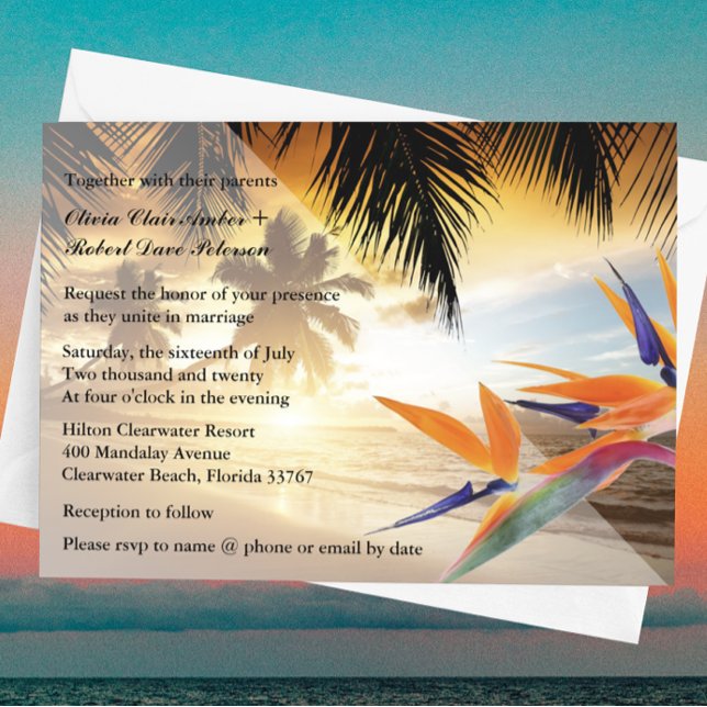 Convite Casamento com pôr do sol na praia Palmeiras Ave-do (Criador carregado)