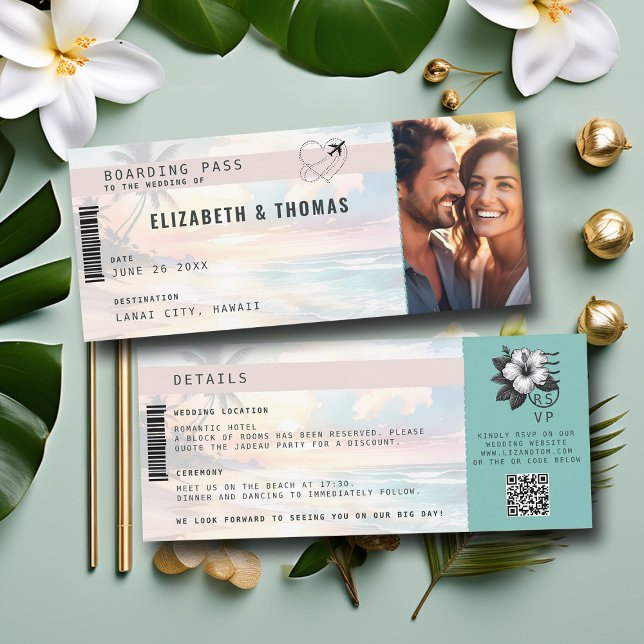 Convite Casamento com Praia de Bilhetes de Avião de Destin (destination wedding tropical beach sunset boarding pass invitation photo template elegant modern)