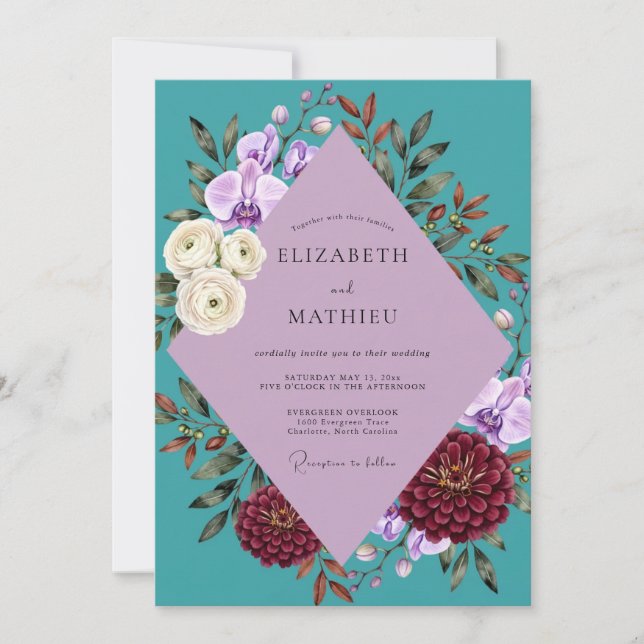 Convite Casamento com Protea Eucalipto Roxo Azul (Frente)