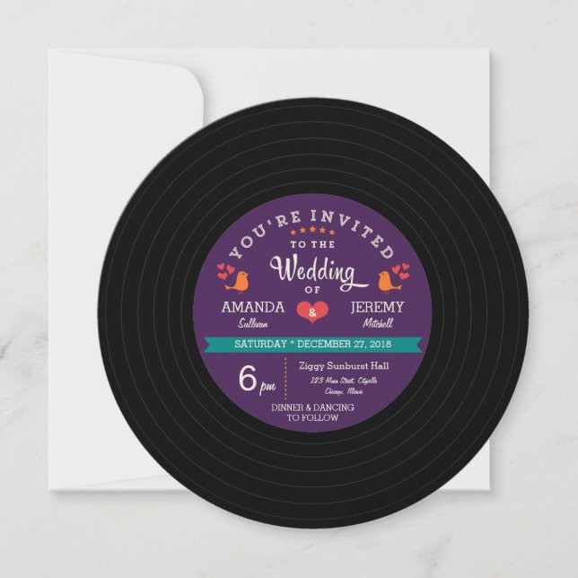 Convite Casamento com Purple e Aqua, Retro-Vinil Moderno (Frente)
