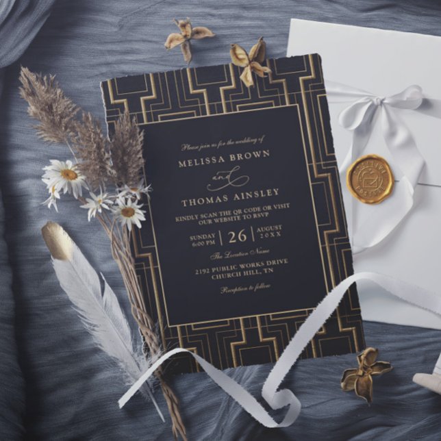Convite Casamento com QR Code Art Déco Preto e Dourado de  (Criador carregado)