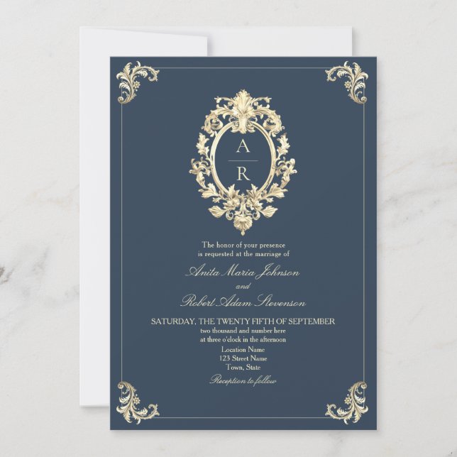 Convite Casamento com QR Code Azul Marinho Elegante (Frente)