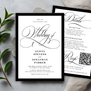 Convite Casamento com QR code de caligrafia elegante cláss