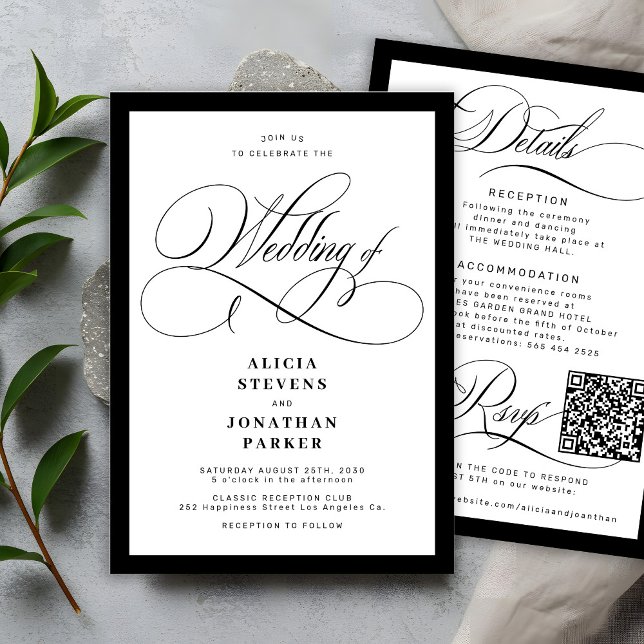 Convite Casamento com QR code de caligrafia elegante cláss (Criador carregado)