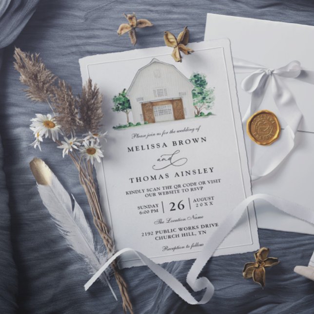 Convite Casamento com QR Code de Celeiro Elegante e Casa d (Criador carregado)