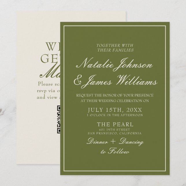 Convite Casamento com QR Code de Dinheiro Antigo em Verde  (Frente/Verso)