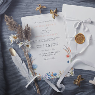 Convite Casamento com QR Code de Flores Silvestres Azuis e