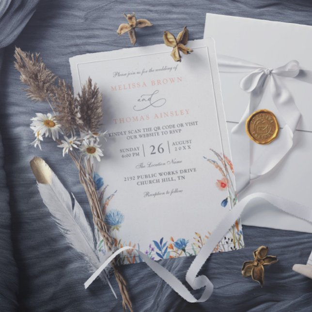 Convite Casamento com QR Code de Flores Silvestres Azuis e (Criador carregado)