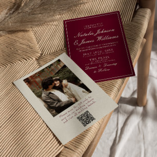 Convite Casamento com QR Code de Foto Burgundy Clássico
