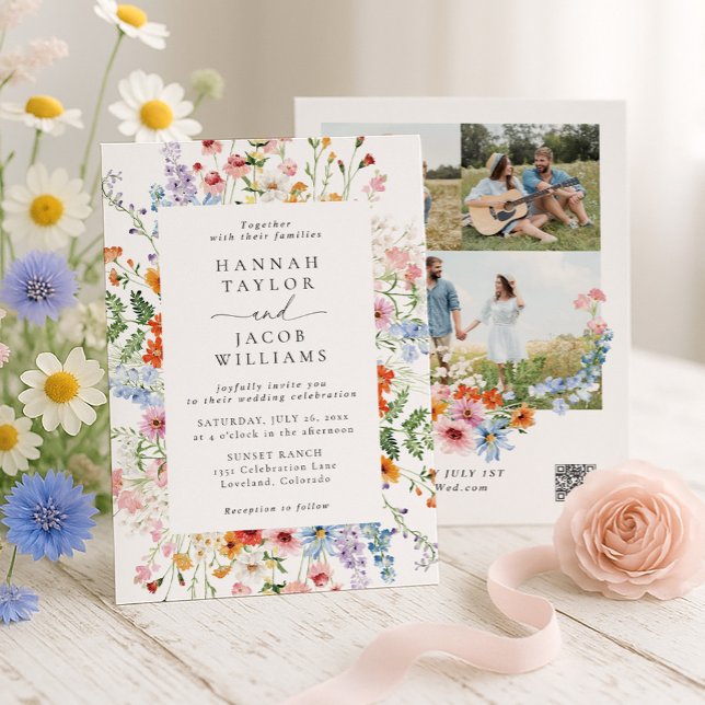 Convite Casamento com QR Code de Três Fotos de Flor Silves (Criador carregado)