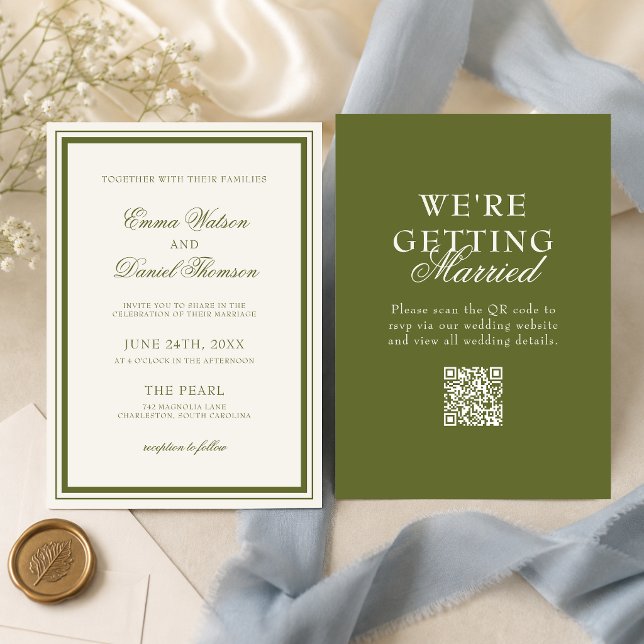 Convite Casamento com QR Code em Verde Oliva Elegante (Elegant olive green QR code wedding invitation makes sharing details simple and stylish.)