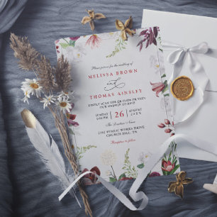 Convite Casamento com QR Code Floral Moderno Burgundy Eleg