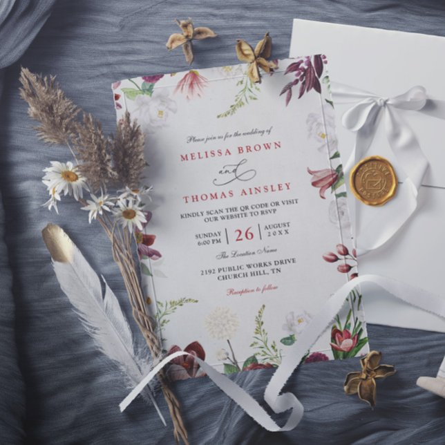 Convite Casamento com QR Code Floral Moderno Burgundy Eleg (Criador carregado)