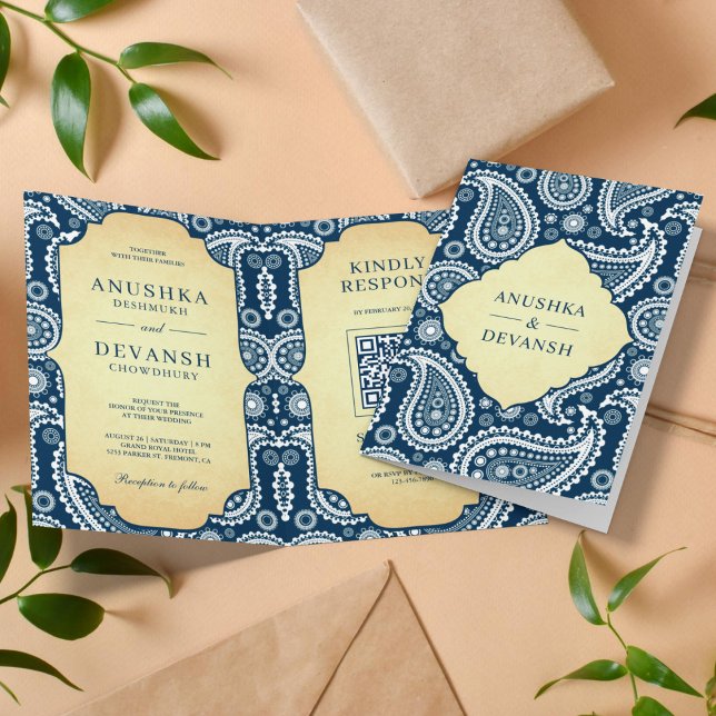 Convite Casamento com QR Code Indiano Paisley Azul Marinho (Criador carregado)
