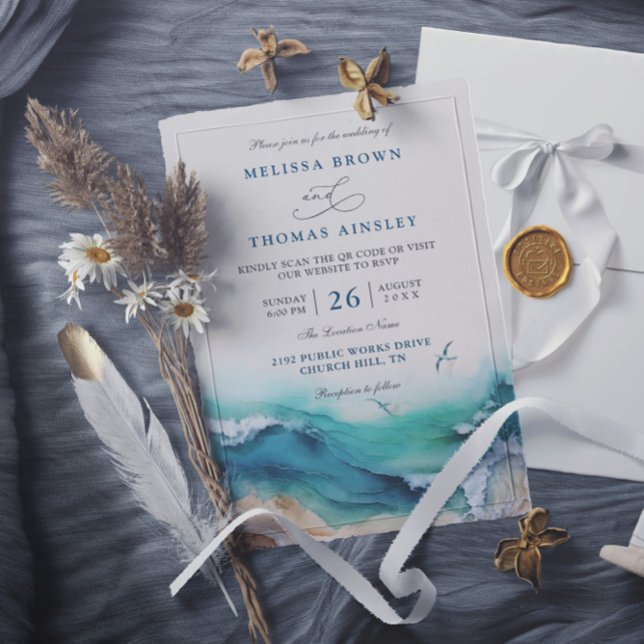 Convite Casamento com QR Code no Destino de Praia Costeira (Criador carregado)