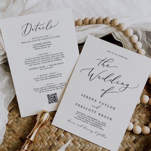 Convite Casamento com QR Code Preto Delicado Tudo Em Um (Delicate Black All In One QR Code Wedding Invitation)